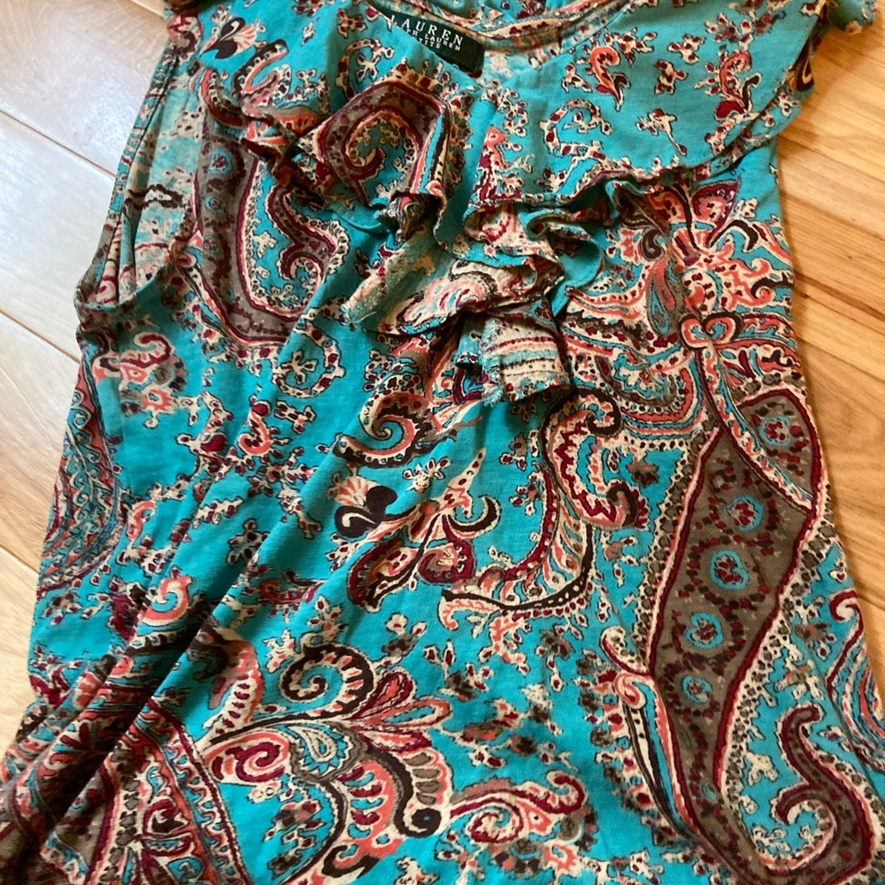 Ralph Lauren Y2K vintage Teal Paisley Ruffle Blouse - Picture 3 of 5